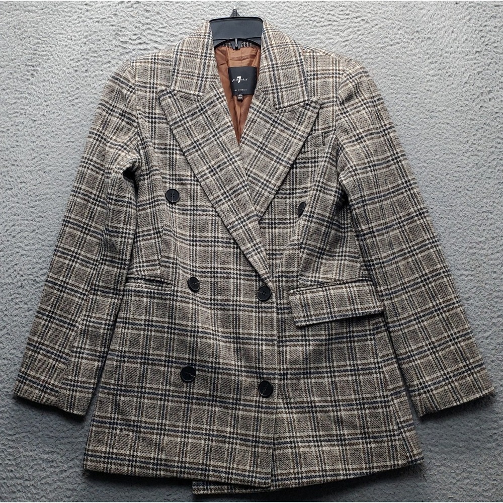 7 For All Mankind Blazer Jacket Womens XS Multi Plaid Peak Lapel Double Breasted
